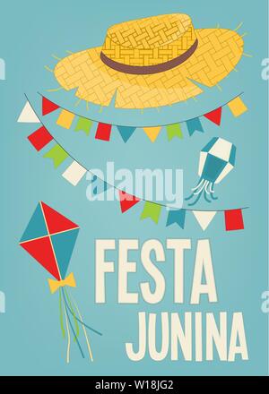 Festa Junina - Brasile Giugno Festival. Poster per Folklore vacanza. Cappello di paglia e la ghirlanda su sfondo blu. Illustrazione Vettoriale. Illustrazione Vettoriale