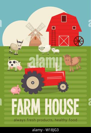 Agriturismo Poster. Mercato degli Agricoltori. Cibo sano, prodotti biologici e concetto di agricoltura. In stile retrò. Illustrazione Vettoriale. Gli animali della fattoria, bestiame, granaio Illustrazione Vettoriale