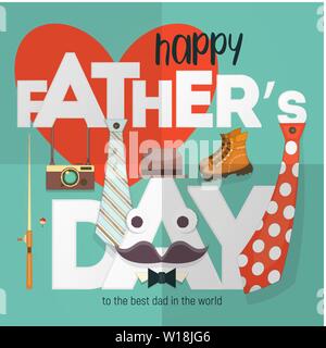 Felice Festa del papà. Biglietto di auguri Modello. Vacanze a sfondo con simboli Super papà - cravatta, cappello, stivali, baffi e Fotocamera su grandi lettere bianche Illustrazione Vettoriale