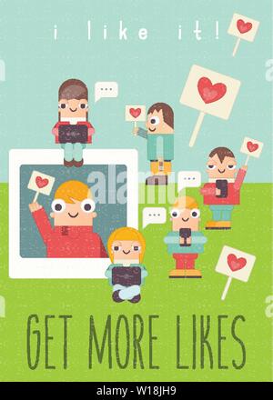 Social Networking Poster con testo Ottieni di più gli piace - Funny persone che utilizzano il telefono cellulare, computer portatile e lo smartphone per l'invio di messaggi in Social Media. Le caratte carino Illustrazione Vettoriale
