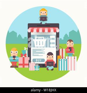 Design piatto Concetto di E-commerce online - Le persone che non Mobile Shopping nella parte anteriore dello smartphone enorme all'aperto. Illustrazione Vettoriale per la pagina Web, Socia Illustrazione Vettoriale