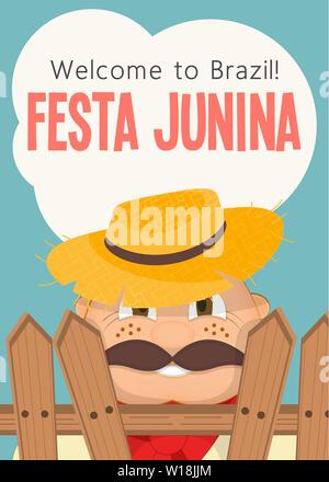 Festa Junina - Brasile Giugno Festival. Poster per Folklore vacanza. Funny Hick nel cappello di paglia. Illustrazione Vettoriale. Illustrazione Vettoriale