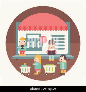 Shopping online Poster. L'E-commerce concetto. Funny Cartoon persone che effettuano acquisti tramite computer portatili vicino al grande monitor con vetrina. Gli acquirenti con negozio Illustrazione Vettoriale