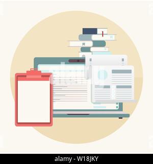 Laptop, piano tavolo e libri. Clip Art in design retrò. Illustrazione Vettoriale. Spazio per il testo. Illustrazione Vettoriale