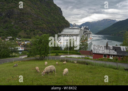 Flåm o Flam, villaggio in Aurland destinazione turistica in Norvegia, l'UNESCO area protetta. Vista sul fiordo e crociera parcheggiata nel porto Flam. Foto Stock