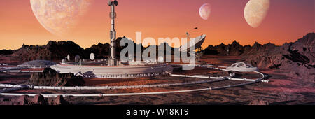 Città sulla superficie di un pianeta alieno, colonia su exoplanet (3d'illustrazione dello spazio banner) Foto Stock