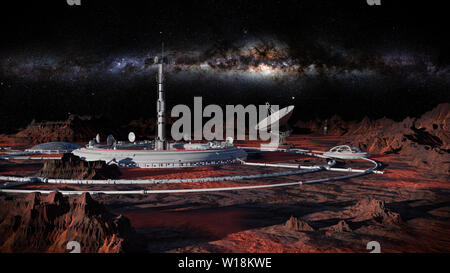 Base umana sulla superficie di un pianeta alieno, colonia su exoplanet Foto Stock