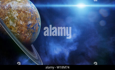 Bellissimo pianeta alieno con sistema ad anello, esotico mondo extraterrestre Foto Stock