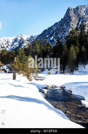 I Pirenei centrali a Pont Espagne. La valle di Marcadau (1620 m) sotto una leggera copertura di neve.Accesso tramite Cauteret. Foto Stock