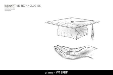 L'E-learning distanza graduate certificate concetto di programma. Bassa poli 3D render graduazione il tappo sul pianeta Terra mappa Mondo modello di pagina di intestazione. Internet Illustrazione Vettoriale