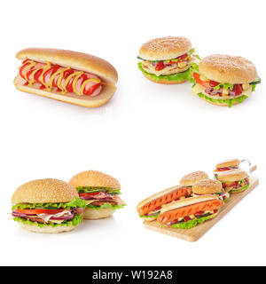 Junk fast food collage di hamburger, sandwich e hot dog isolati su sfondo bianco Foto Stock