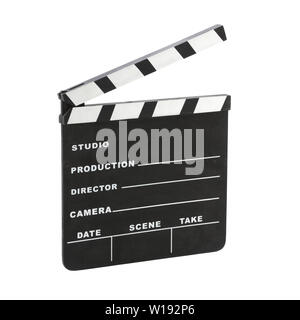Classic Hollywood chalk clapperboard angolate isolato su uno sfondo bianco con tracciato di ritaglio Foto Stock