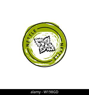Foglia di ortica badge e icona nella tendenza lineare e disegnare a mano stile - Logo vettoriale emblema di ortica può essere utilizzato il modello per il tè di imballaggio , prodotti cosmetici, medicinali, additivi biologici. Illustrazione Vettoriale