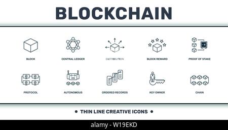 Set Blockchain raccolta di icone. Include elementi semplici come il blocco centrale, Ledger, distribuzione, blocco ricompensa, prova del picchetto, autonomo e Illustrazione Vettoriale