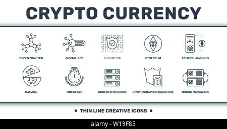 Crypto Currency Icons raccolta di set di linee sottili. Include elementi creativi come decentralizzati, chiave digitale, cifrati, etereo, etereo mining Illustrazione Vettoriale