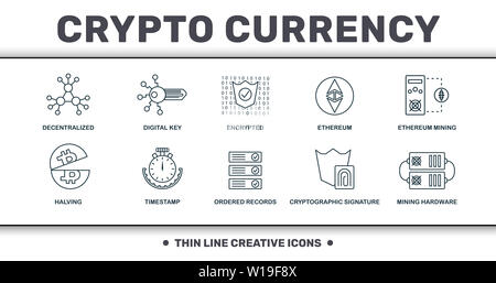Crypto Currency Icons raccolta di set di linee sottili. Include elementi creativi come decentralizzati, chiave digitale, cifrati, etereo, etereo mining Foto Stock