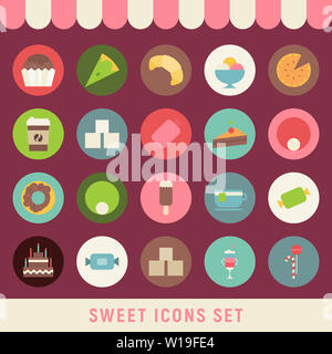 Raccolta di caramelle in stile appartamento. Caramelle, tortina, ciambella, gelato, croissant, grande torta, caffè in stile retrò. Illustrazione Vettoriale. Foto Stock