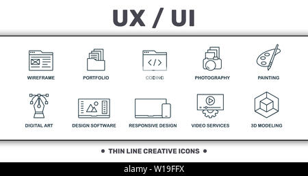 Design e interfaccia utente Ux impostare raccolta di icone. Include elementi semplici come ad esempio Wireframe, Portfolio, codifica, fotografia, pittura, progettazione software e Foto Stock