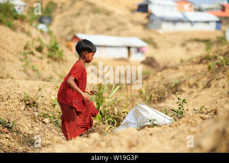 Bambino in abito rosso la raccolta di legna da ardere in Rohingya Refugee Camp Kutupalong, Bangladesh Foto Stock