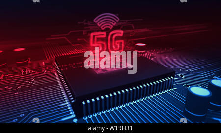 5G ologramma sulla CPU di lavoro su una scheda di circuito in background. 5G, nuova tecnologia, la comunicazione e la trasmissione in streaming e internet mobile concept 3d Foto Stock