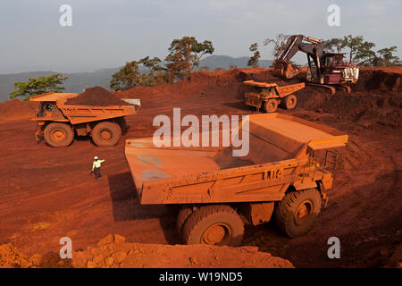 Le operazioni di data mining per il trasporto e la gestione di minerale di ferro. Retata carrelli essendo caricato con alto grado di ematite da escavatore sul banco della miniera di superficie pit. Foto Stock