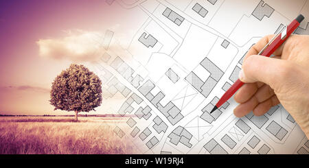 Disegno a mano di un immaginario mappa catastale del territorio con un albero in background - Concetto di immagine Foto Stock