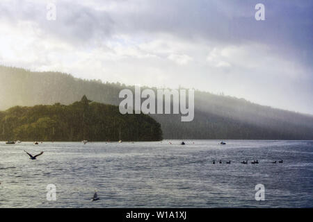 Un panorama molto suggestivo del Lago di Windermere durante un acquazzone di luce con alcuni raggi del sole filtrare attraverso le nuvole. Parco Nazionale del Distretto dei Laghi. Foto Stock