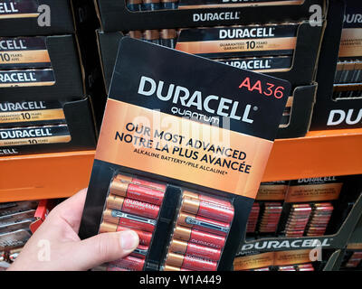 MONTREAL, Canada - 20 giugno 2019: Una mano azienda Duracell batterie Quantum pack. Duracell è american Manufacturing Company di proprietà di Berkshire Hathaw Foto Stock