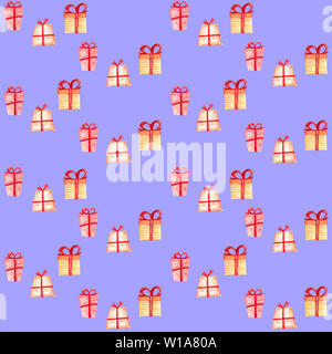 Seamless pattern di Natale con confezioni regalo. Disegnate a mano di colore arancione e rosso confezione di festa con nastri di colore rosso su sfondo viola. Foto Stock