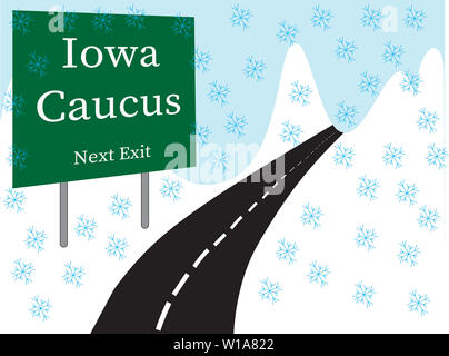 Illustrato il piano stradale con uscita verde segno Iowa Caucus, prossima uscita nel testo bianco grafica sulla coperta di neve collina. Foto Stock