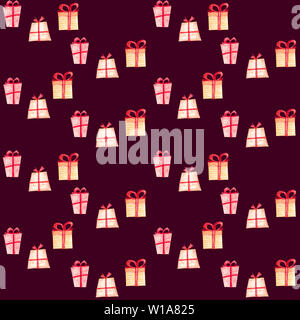 Seamless pattern di Natale con confezioni regalo. Disegnate a mano di colore arancione e rosso confezione di festa con nastri di colore rosso su sfondo viola. Foto Stock