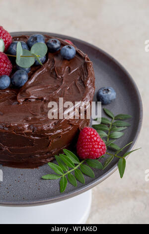 Close up bacche sulla torta al cioccolato con foglie su lastra grigia Foto Stock