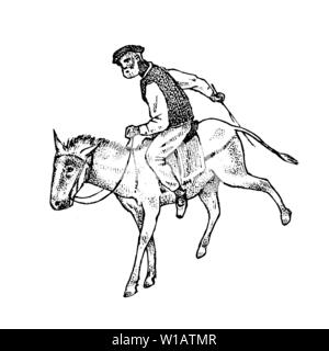 L'uomo Rider in vestiti nazionali. Il greco a cavallo o un asino. Simbolo dell'antica Grecia. Disegnato a mano vintage inciso schizzo per poster, un banner o un sito web. Illustrazione Vettoriale