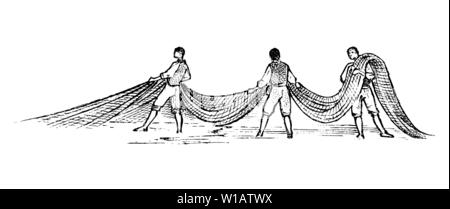 Prodotti della pesca in Grecia. Gli uomini con le reti da pesca. Disegnato a mano vintage inciso schizzo per poster, un banner o un sito web. Illustrazione Vettoriale