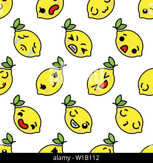 Kawaii limone con graziosi occhi neri seamless pattern. kawaii frutta con facce emotivo pattern senza giunture Illustrazione Vettoriale