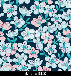 Vector sfondo azzurro azzurro con fiore rosso chiaro e blu chiaro fiori di ciliegio sakura fiori senza cuciture motivo sfondo. Illustrazione Vettoriale