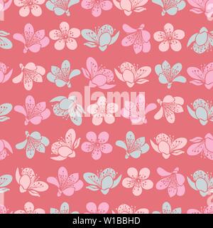 Vector pastello rosso ciliegia chiaro fiori sakura e sfondo senza cuciture motivo. Illustrazione Vettoriale
