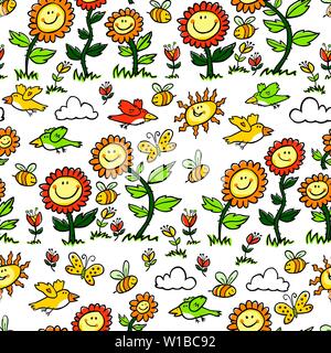 Vettore colorato cartoon girasoli, uccelli e api modello di ripetizione. Adatto per confezioni regalo, tessuti e carta da parati. Illustrazione Vettoriale