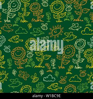 Girasoli, uccelli e api in stile lavagna verde vettoriale ripetere il modello. Adatto per confezioni regalo, tessuti e carta da parati. Illustrazione Vettoriale