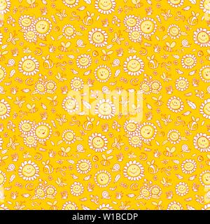 Girasoli e api gialli vettoriali ripetono la texture con contorni arancioni. Adatto per confezioni regalo, tessuti e carta da parati. Illustrazione Vettoriale