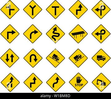 Set di segno di traffico sul cartello giallo, vector art design Illustrazione Vettoriale
