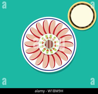 Vista superiore Anatra alla Pechinese e pancake, vector art design Illustrazione Vettoriale