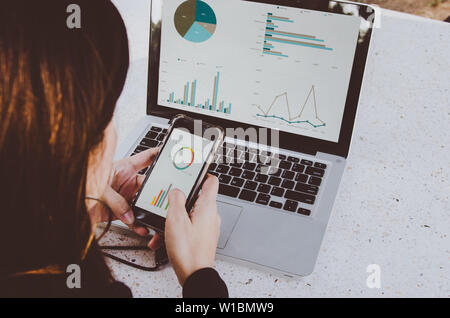 Imprenditrice lavorano seduti all'aperto il laptop e smartphone con grafici, diagrammi e grafici sullo schermo. Foto Stock