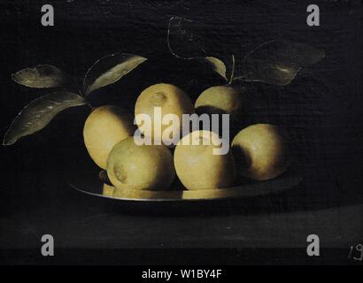 Juan de Zurbarán (1620-1659). Pintor español. Plato de limones, hacia 1640. Óleo sobre lienzo, 36 x 50 cm. Real Academia de Bellas Artes de San Fernando. Madrid. España. Foto Stock