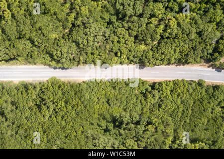 Strada di montagna circondata da lussureggiante foresta verde, immagine aerea. Foto Stock