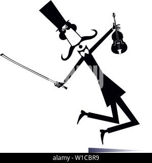 Baffi lungo l uomo nella top hat con il violino e fiddlestick nero su bianco illustrazione Illustrazione Vettoriale