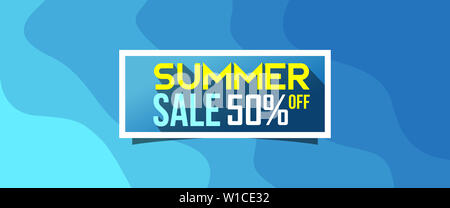Blu oceano onda per la piscina e la spiaggia party estate vendita sconto fino al 50% di banner per il web di stile piatta lunga ombra illustrazione Foto Stock