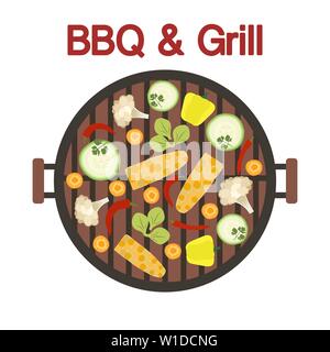 Illustrazione Vettoriale con round grill barbecue vista superiore con verdure. Il barbecue party background. Progettazione per la scheda di partito, banner, poster o di stampa. Illustrazione Vettoriale