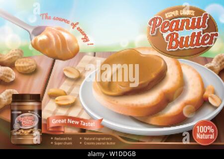 Burro di arachidi diffondere annunci con cucchiaio di deliziose in 3d'illustrazione, glitter sfondo Illustrazione Vettoriale