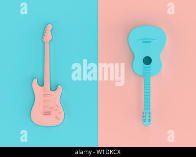 Immagine 3D render in stile laici piana di due chitarre elettriche su due-colore di sfondo. Foto Stock